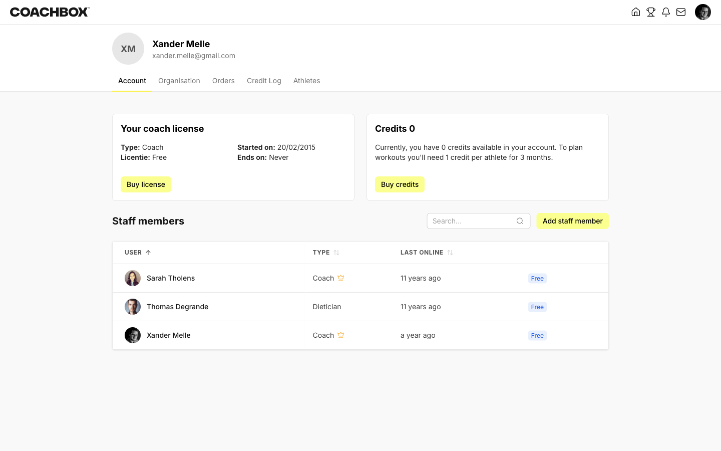 Account page with license and credits overview