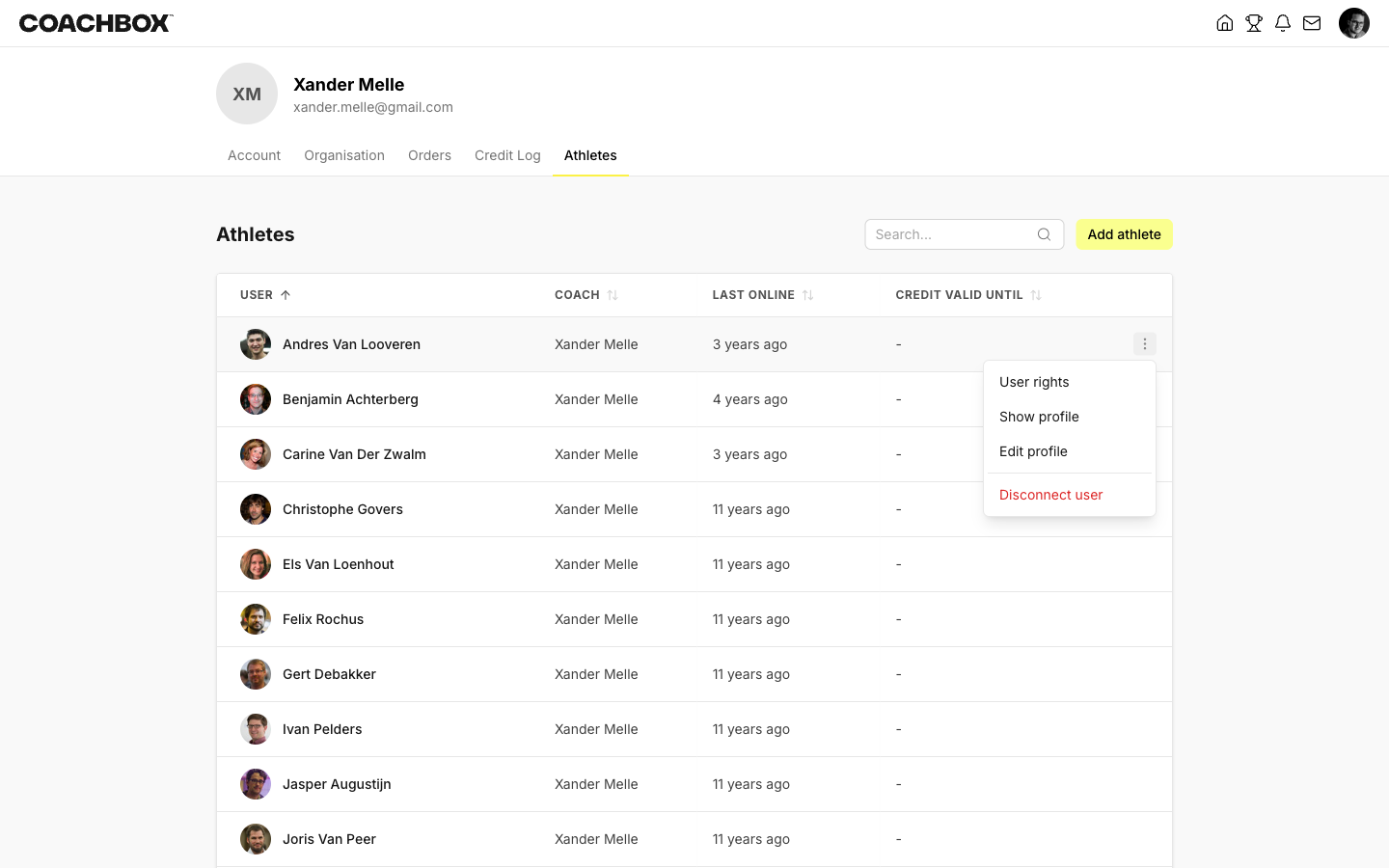 Athlete row dropdown menu with Disconnect user option