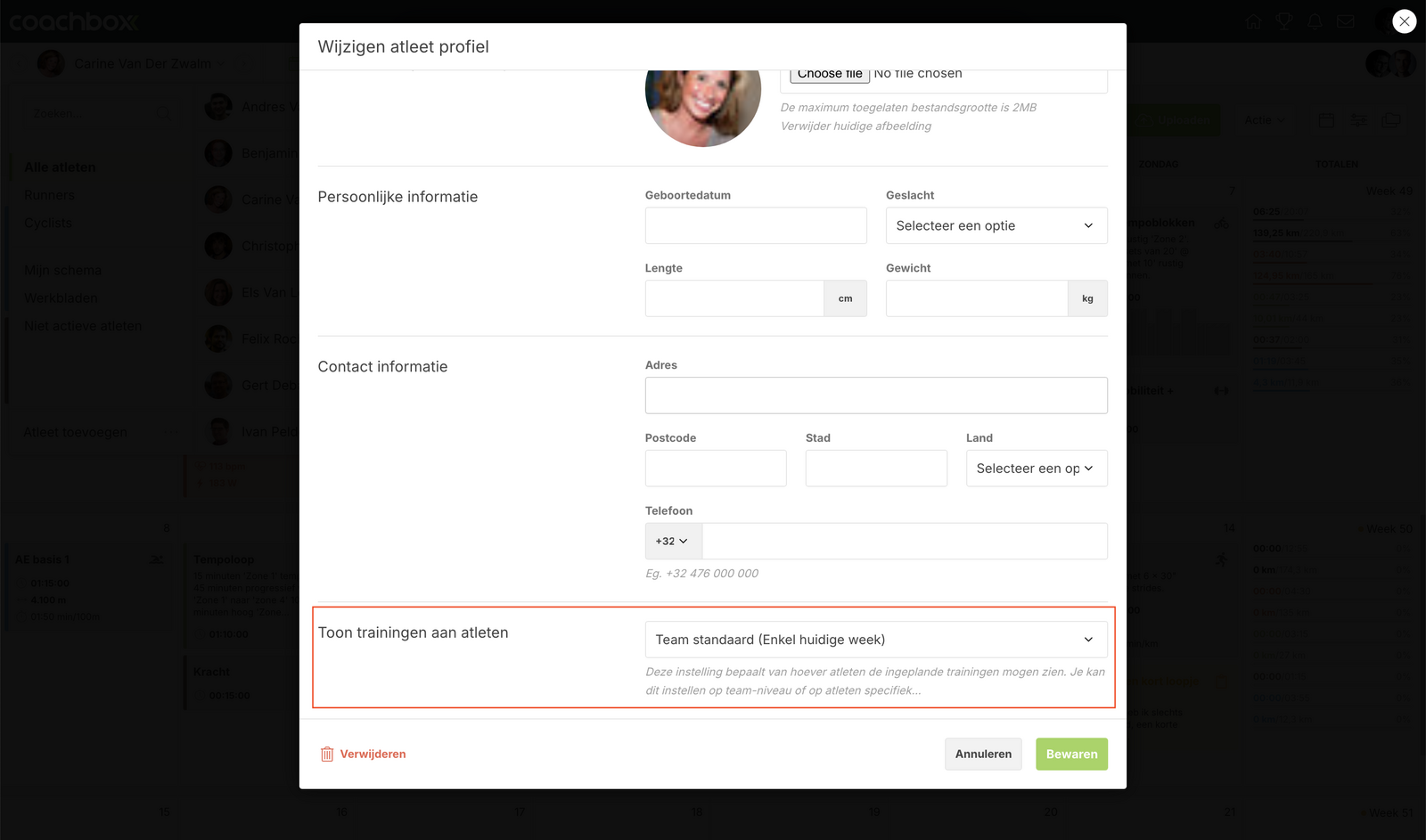 Edit athlete profile with visibility setting