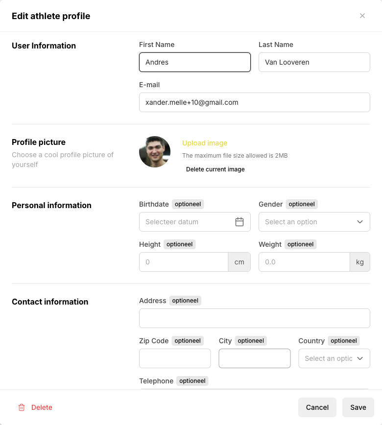 Edit athlete profile form