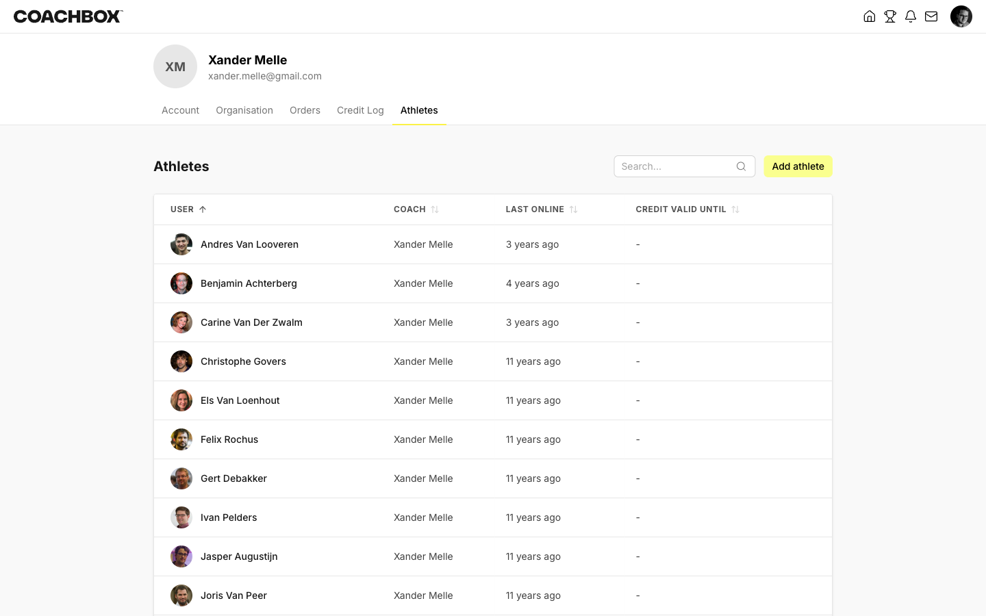 Athletes overview page