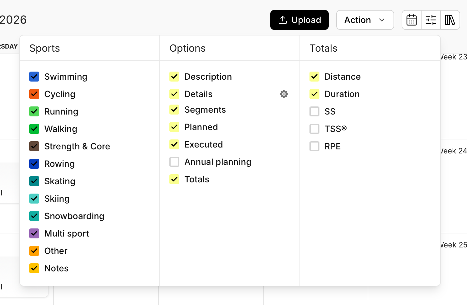 Calendar options panel