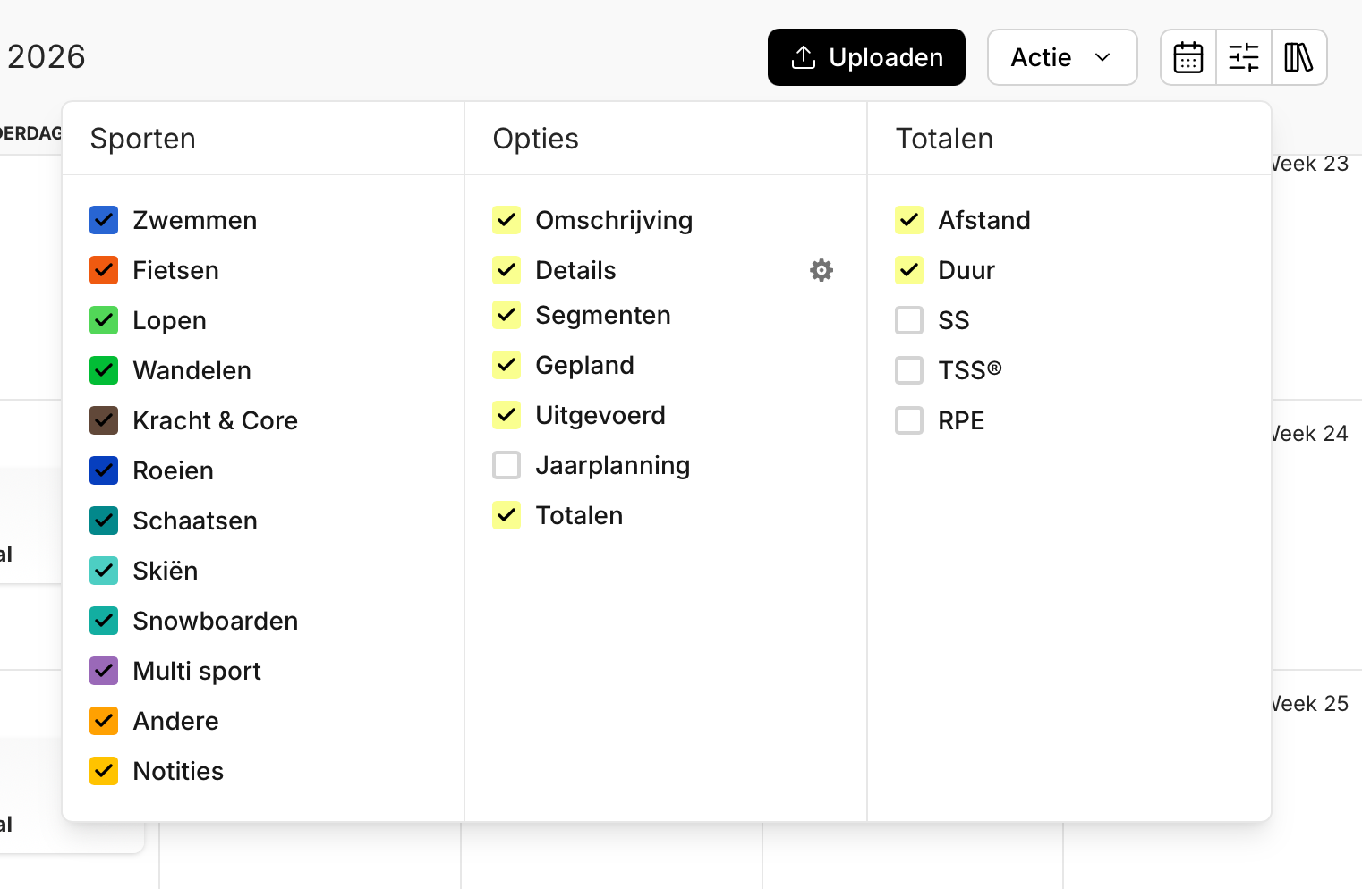 Optiespaneel van de kalender