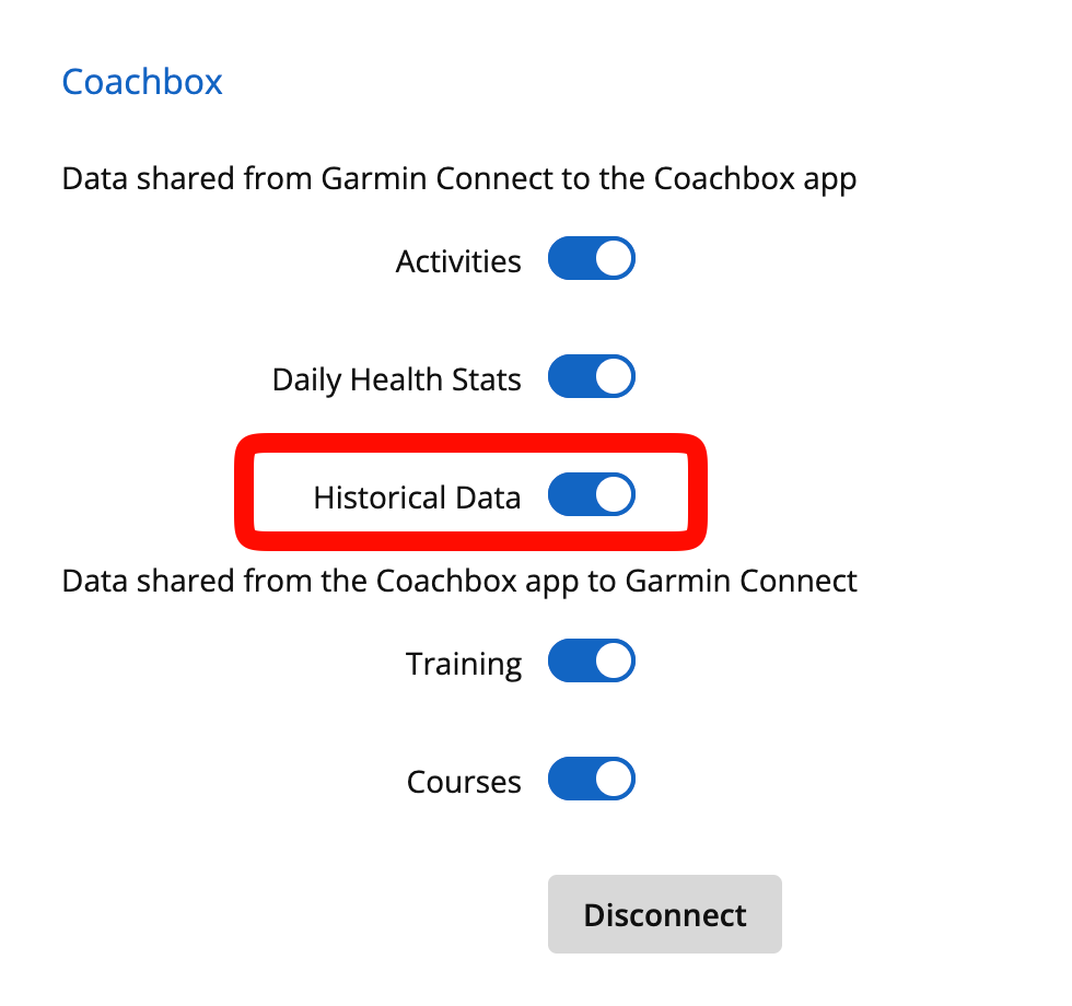 The Historical Data toggle for the Coachbox connection on Garmin Connect