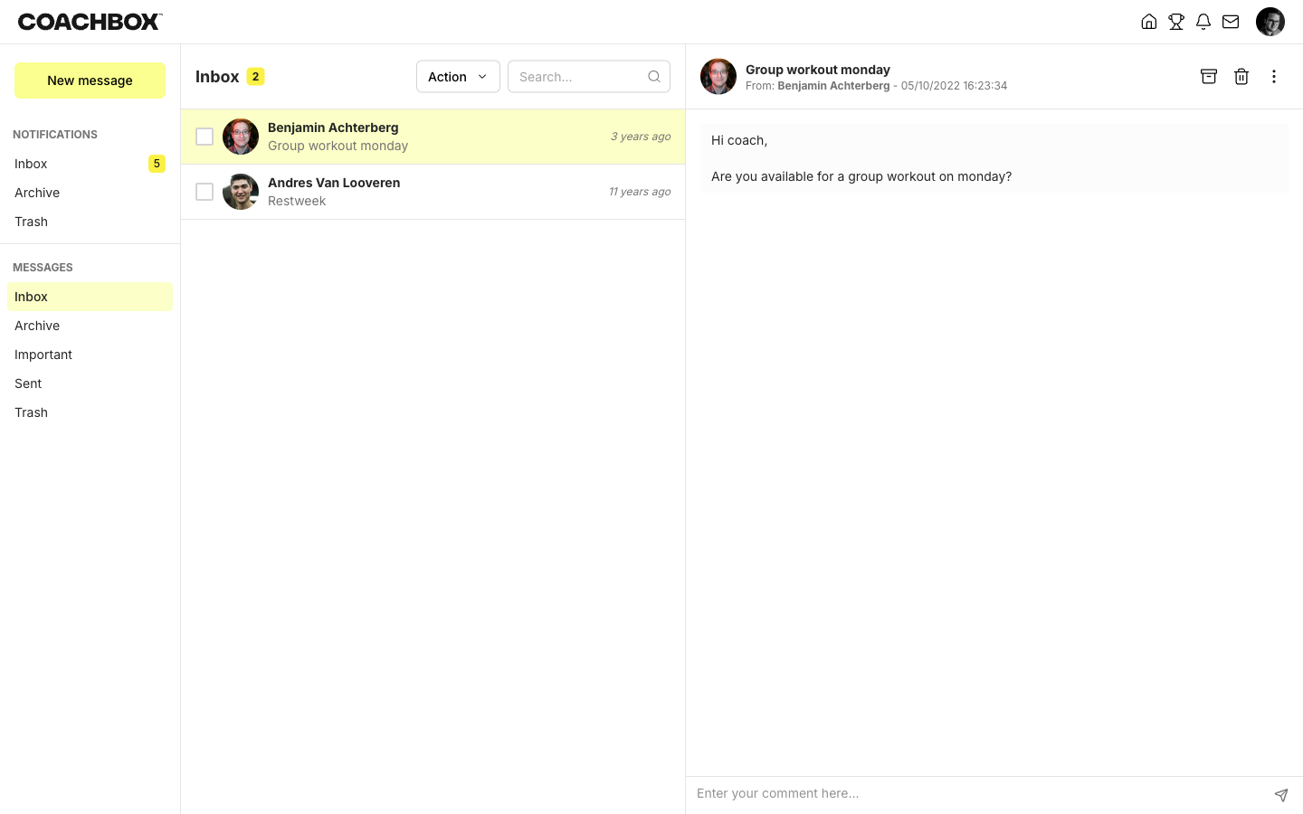 Messaging inbox with folders and message detail