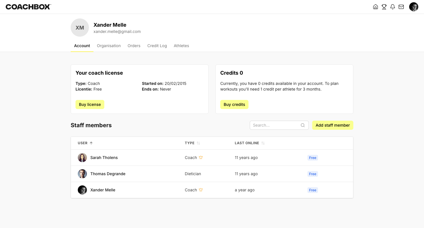 Staff members overview on the Account page