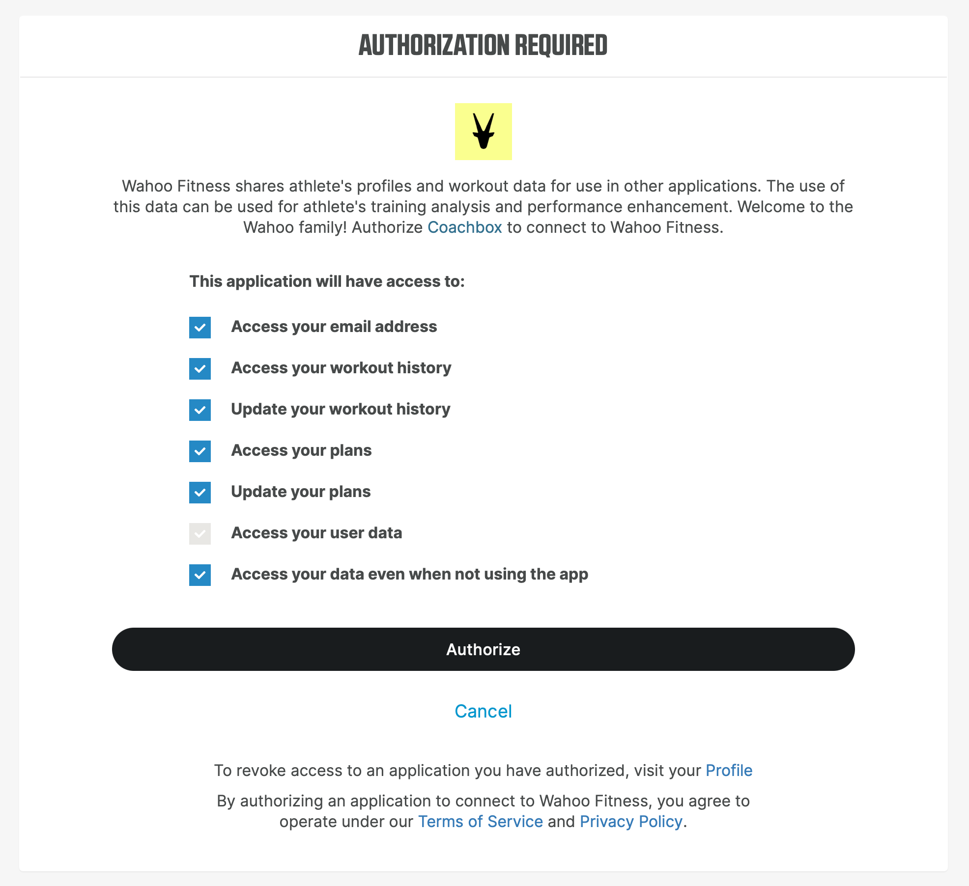 Wahoo authorization screen with every box ticked